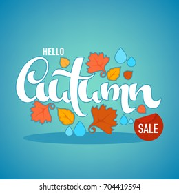 Hello Autumn, bright fall leaves and lettering composition sale ad discount  flyer or banner template