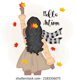 Hello Autumn brunette holding maple leaves, back view, back, fashion vector illustration