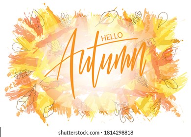 Hello Autumn brush hand lettering text for greeting card or banner with fall leaves. Modern calligraphy slogan, vector EPS 10