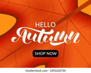 Hello Autumn brush lettering. Vector illustration for card or banner