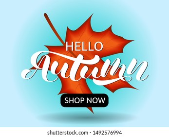 Hello Autumn brush lettering. Vector illustration for card or banner