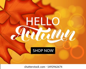 Hello Autumn brush lettering. Vector illustration for card