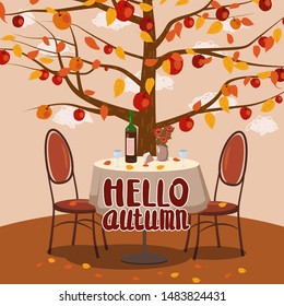 Hello Autumn cafe table with wine for two persons autumn branches of falling leaves foliage, chairs flowers in park romantic mood. Isolated illustration vector