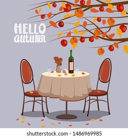 Hello Autumn cafe table with wine for two persons autumn branches of falling leaves foliage, chairs flowers in park romantic mood. Isolated illustration vector