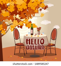 Hello Autumn cafe table with wine for two persons autumn branches of falling leaves foliage, chairs flowers in park romantic mood. Isolated illustration vector