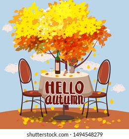 Hello Autumn cafe table with wine for two persons autumn branches of falling leaves foliage, chairs flowers in park romantic mood. Isolated illustration vector