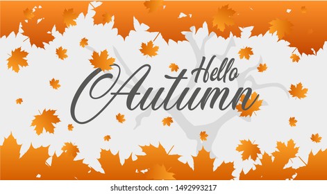 Hello autumn calligraphy and background arranged with leaves.