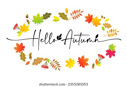 Hello Autumn calligraphy for social media post. Autumn leaves, colored rowan berries, acorns, oak, maple leaves and hand lettering phrase. Vector background template for fall banner design