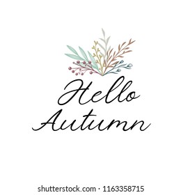 Hello Autumn calligraphy text. Autumn greeting card, postcard, poster, banner template with autumn leaves. Vector illustration isolaten on white background.