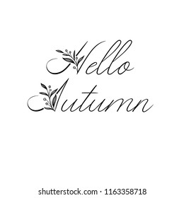 Hello Autumn calligraphy text. Autumn greeting card, postcard, poster, banner template with autumn leaves. Vector illustration isolaten on white background.