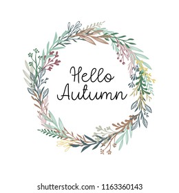 Hello Autumn calligraphy text. Autumn greeting card, postcard, poster, banner template with autumn leaves. Vector illustration isolaten on white background.