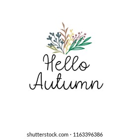 Hello Autumn calligraphy text. Autumn greeting card, postcard, poster, banner template with autumn leaves. Vector illustration isolaten on white background.
