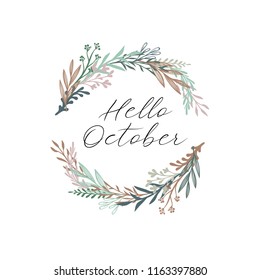 Hello Autumn calligraphy text. Autumn greeting card, postcard, poster, banner template with autumn leaves. Vector illustration isolaten on white background.