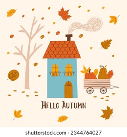 Hello autumn card with beautiful  leaves. Hand draw vector illustration.