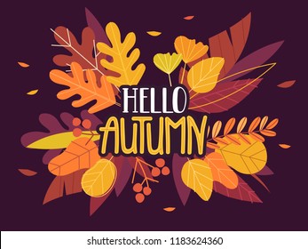 Hello Autumn Card with Bouquet of Colorful Leaves