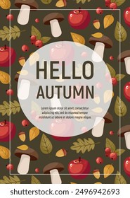 Hello Autumn card. Circle shape on autumn seamless pattern background.