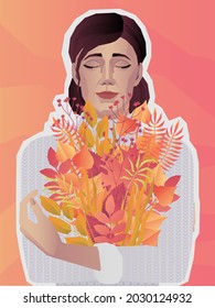 Hola concepto de tarjeta de otoño. Una mujer joven con un suéter blanco cálido disfruta de la caída. Chica de postal vectorial con un ramo de hojas de otoño