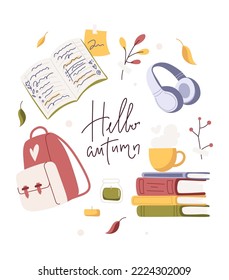 Hello autumn card, contemporary art. Seasonal objects collection, hand drawn boho elements set.  Modern vector flat illustration, poster, mood board, wall art poster
