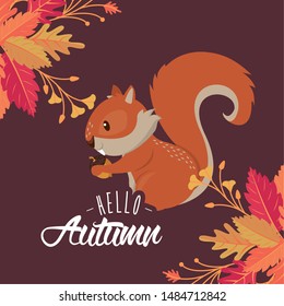Hello autumn card with cute animal and leaves cartoons, season poster. vector illustration graphic design.