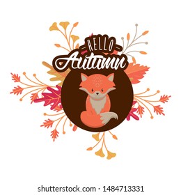 Hello autumn card with cute animal and leaves cartoons, season poster. vector illustration graphic design.