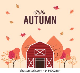Hello autumn card with cute barn and leaves cartoons, season poster. vector illustration graphic design.