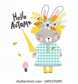 Hello autumn. Card with cute bunny and leaves. Vector illustrations