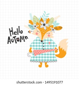 Hello Autumn. Card with cute fox and leaves. Vector illustrations