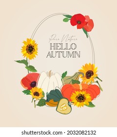Hallo Herbstkarte. Design-Vorlage mit orangefarbenen, weißen und grünen Kürbis, Sonnenblumen und Mohnblumen auf beigem Hintergrund. Vektorgrafik Halloween. Hintergrund der Herbsternte. Herbstsaison