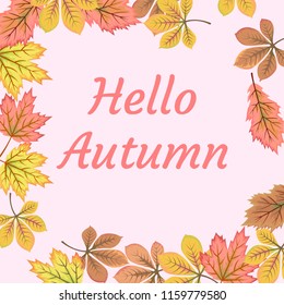 Hello autumn card with fall leaf  background.