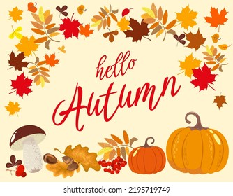 Hello autumn card with falling colorful leaves and seasonal plant elements on light background