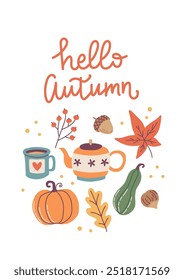 Hello autumn card. Hand drawn calligraphy and cute seasonal elements. Vector illustration template