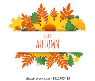 Hello Autumn card hand lettering typography, vector illustration in paper art craft style. Beautiful paper cut autumn composition with maple, oak tree leaves, hedgehog and umbrella.