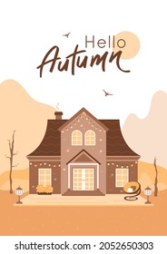 Hello Autumn card, house with terrace, lounge chair, lights, yellow leaves. Fall landscape, Cozy home with patio on nature, warm vector illustration, poster. Luxury suburban cottage, front view