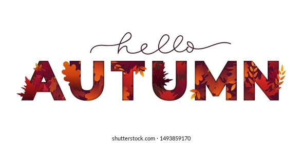 Hello autumn card with lettering and falling foliage vector illustration. Fall template with inscription and leaves on white background flat style for seasonal design