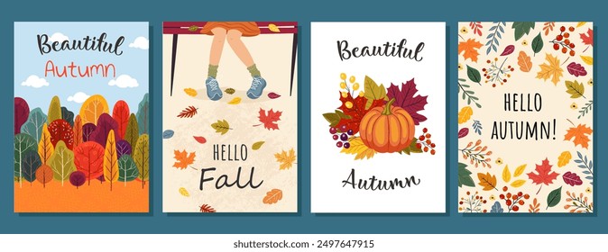 Hola tarjeta de otoño. Me encanta el otoño. Hojas ramitas de flores de ramo. Para el volante, cartel, Anuncio, folleto, cabecera del email. aislado en el fondo blanco