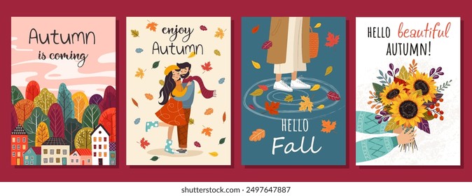 Hello Autumn card. Love autumn. Universal Autumn cards. Leaves bouquet flowers twigs. For flyer, poster, banner, brochure, email header. isolated on white background