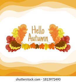 Hello autumn card Maple leaf and golden oak leaf vector, fall concept