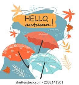 Hello autumn card or poster with umbrellas in the rain, flat cartoon vector illustration. Autumn season card or banner, poster template for sales and greetings.