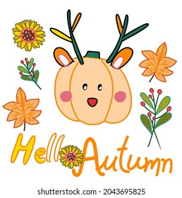 hello autumn card with pumpkin dear with maple and fall season leaves and sunflower hand drawn cartoon vector