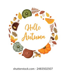 Hello autumn card with pumpkin, leaves and berries on white background.