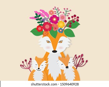 Hello autumn card  with red foxes and her baby with colorful flower,vector illustration paper art style.