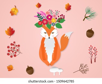 Hello autumn card  with red foxes on her head and autumn background ,vector illustration paper art style.