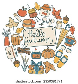 Hello autumn card. Round botanical fall greeting template with autumn symbols and attributes. Leaves, pumpkin, cozy things, with lettering, circle vector illustration