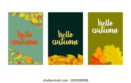 Hello Autumn card template. Mock up graphic design for Autumn fall card.Vector illustration of Autumn leave card.