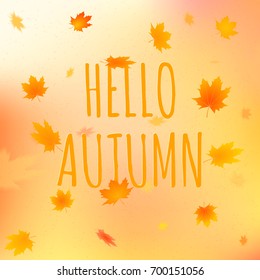 Hello autumn card. Vector illustration of greeting text with leaves on colorful background.
