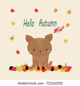 hello autumn card.cute deer