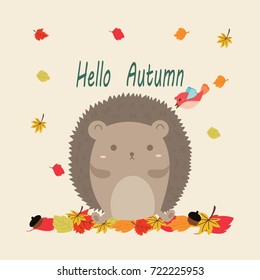 hello autumn card.cute hedgehog