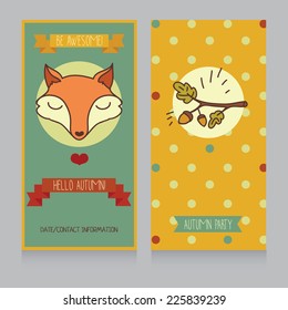 hello autumn cards with cute fox and oak branch, vector illustration