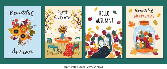 Hello Autumn cards. Love autumn. Leaves bouquet flowers twigs. For flyer, poster, banner, brochure, email header. isolated on white background