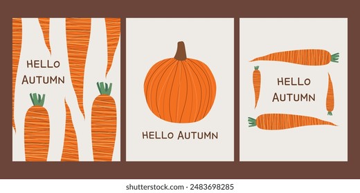 Hello autumn cards set. Pumpkin, carrots on a beige background. Vector illustration, autumn concept.